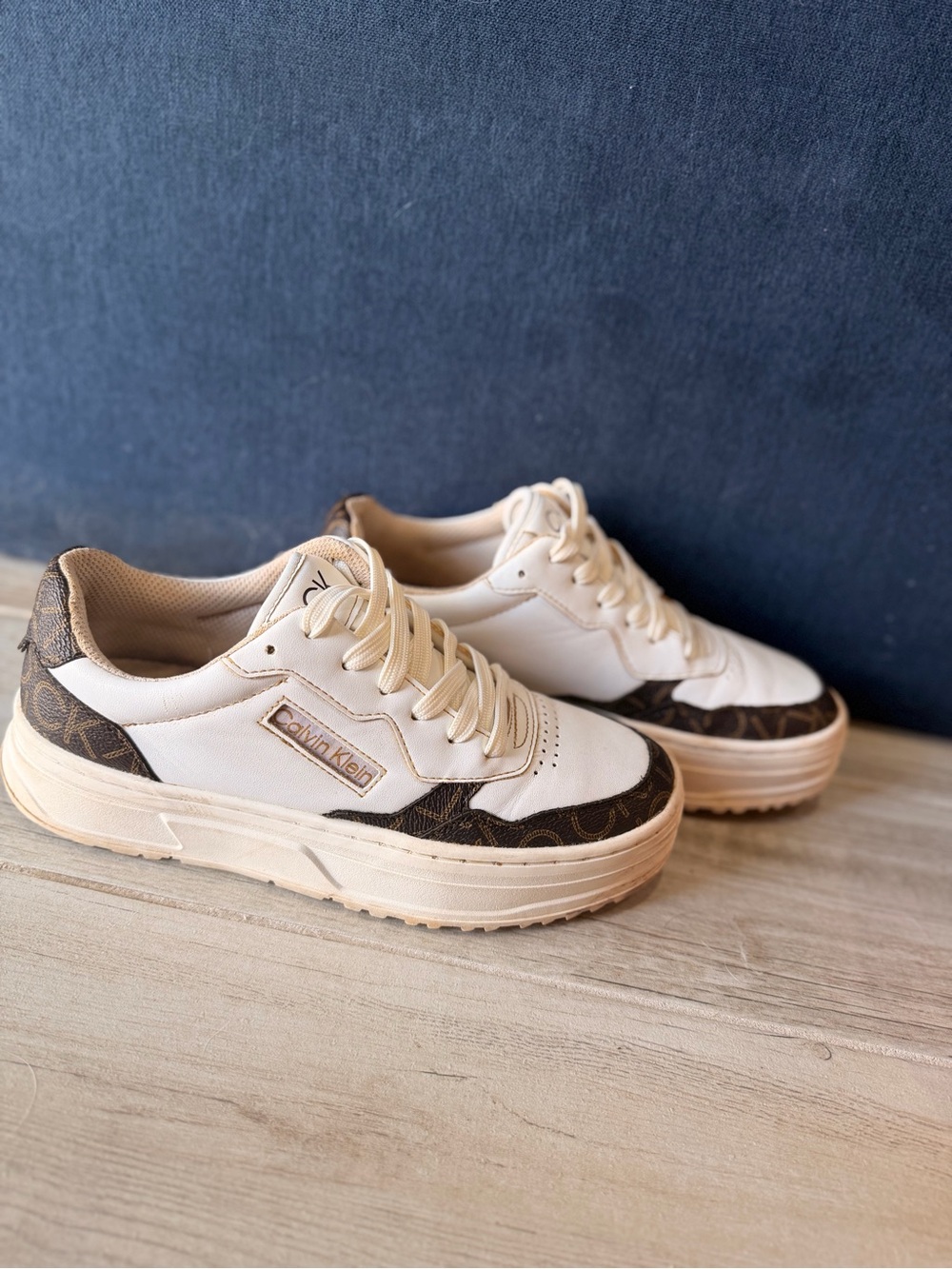 Calvin Klein Cream and Brown Logo Accent Platform Sneakers